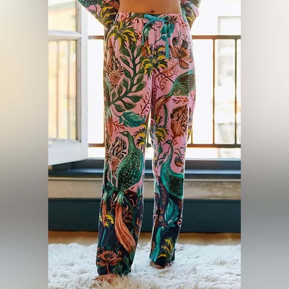 Raphael Balme For Anthropologie Peacock Flannel Sleep Pajama Pants Size XXS - Picture 2 of 5